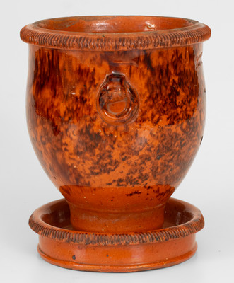 Rare Glazed Redware Flowerpot with Ring Handles, Stamped 