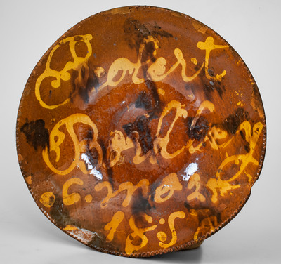 Rare Slip-Decorated Pennsylvania Redware Charger: 