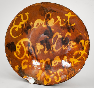 Rare Slip-Decorated Pennsylvania Redware Charger: "Robert Barkley / 6. mo 25 / 1857"