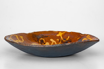 Rare Slip-Decorated Pennsylvania Redware Charger: "Robert Barkley / 6. mo 25 / 1857"