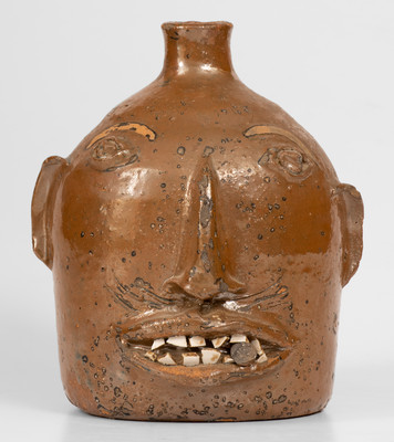 Rare Stoneware Face Jug w/ Cigar, attrib. Otto Brown, Bethune, SC, or possibly NC or GA origin