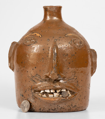 Rare Stoneware Face Jug w/ Cigar, attrib. Otto Brown, Bethune, SC, or possibly NC or GA origin
