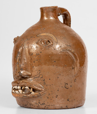 Rare Stoneware Face Jug w/ Cigar, attrib. Otto Brown, Bethune, SC, or possibly NC or GA origin