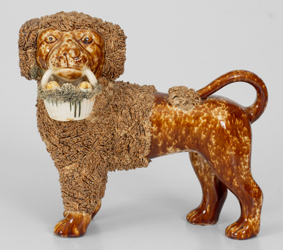 Flint Enamel Figure of a Dog w/ Basket, attrib. Lyman, Fenton & Co., Bennington, VT, circa 1849-1852