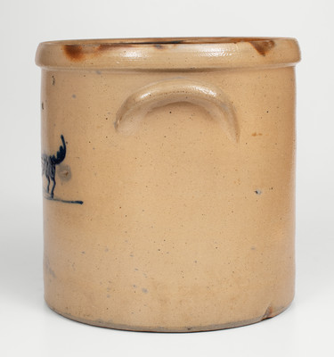 Rare C.W. BRAUN. / BUFFALO, N.Y. Stoneware Crock w/ Cobalt Dog Decoration