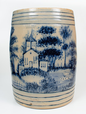 Highly Important WEST TROY POTTERY Twenty-Gallon Stoneware Keg w/ Elaborate Cobalt Landscape