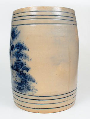 Highly Important WEST TROY POTTERY Twenty-Gallon Stoneware Keg w/ Elaborate Cobalt Landscape