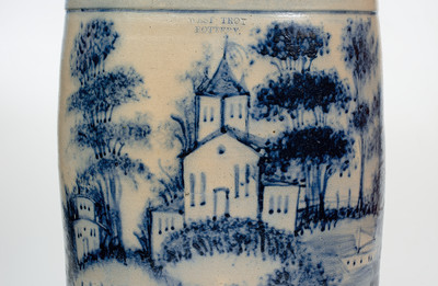 Highly Important WEST TROY POTTERY Twenty-Gallon Stoneware Keg w/ Elaborate Cobalt Landscape