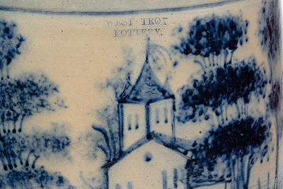 Highly Important WEST TROY POTTERY Twenty-Gallon Stoneware Keg w/ Elaborate Cobalt Landscape