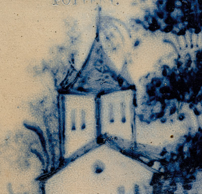 Highly Important WEST TROY POTTERY Twenty-Gallon Stoneware Keg w/ Elaborate Cobalt Landscape