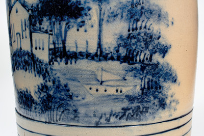 Highly Important WEST TROY POTTERY Twenty-Gallon Stoneware Keg w/ Elaborate Cobalt Landscape