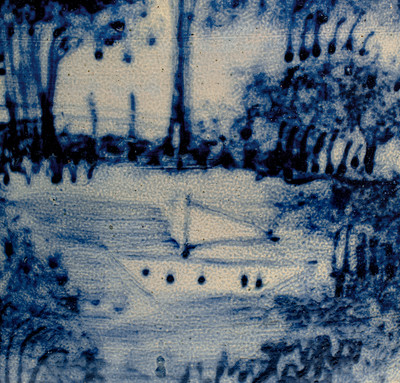 Highly Important WEST TROY POTTERY Twenty-Gallon Stoneware Keg w/ Elaborate Cobalt Landscape