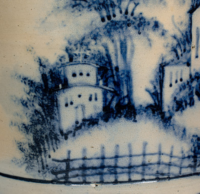 Highly Important WEST TROY POTTERY Twenty-Gallon Stoneware Keg w/ Elaborate Cobalt Landscape