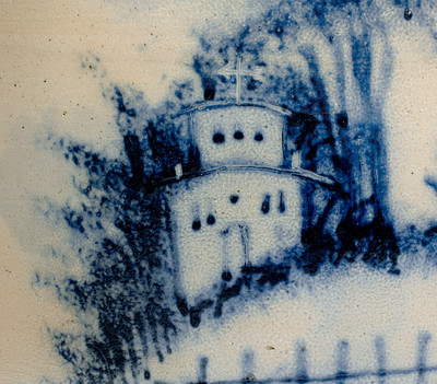 Highly Important WEST TROY POTTERY Twenty-Gallon Stoneware Keg w/ Elaborate Cobalt Landscape