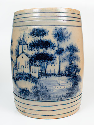 Highly Important WEST TROY POTTERY Twenty-Gallon Stoneware Keg w/ Elaborate Cobalt Landscape