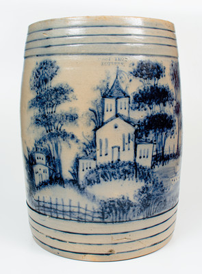 Highly Important WEST TROY POTTERY Twenty-Gallon Stoneware Keg w/ Elaborate Cobalt Landscape