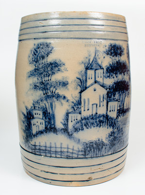 Highly Important WEST TROY POTTERY Twenty-Gallon Stoneware Keg w/ Elaborate Cobalt Landscape