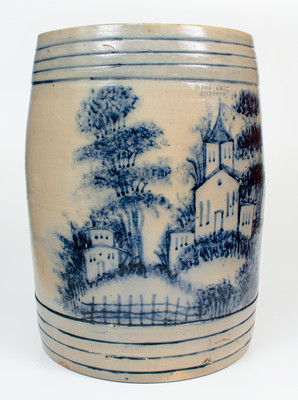 Highly Important WEST TROY POTTERY Twenty-Gallon Stoneware Keg w/ Elaborate Cobalt Landscape