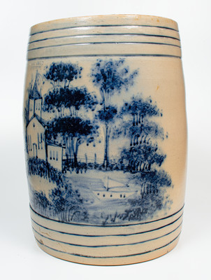 Highly Important WEST TROY POTTERY Twenty-Gallon Stoneware Keg w/ Elaborate Cobalt Landscape