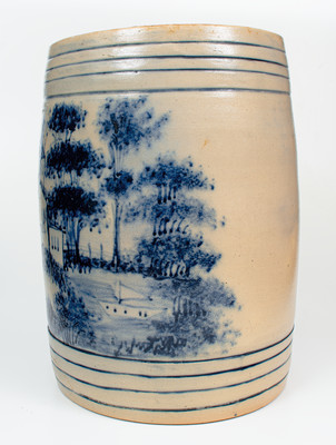 Highly Important WEST TROY POTTERY Twenty-Gallon Stoneware Keg w/ Elaborate Cobalt Landscape