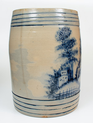 Highly Important WEST TROY POTTERY Twenty-Gallon Stoneware Keg w/ Elaborate Cobalt Landscape