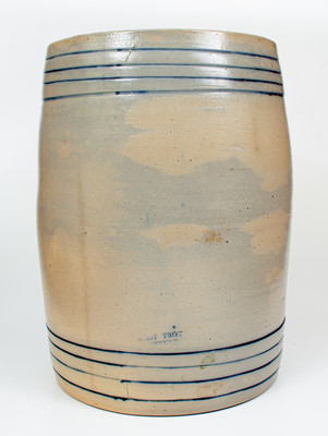 Highly Important WEST TROY POTTERY Twenty-Gallon Stoneware Keg w/ Elaborate Cobalt Landscape