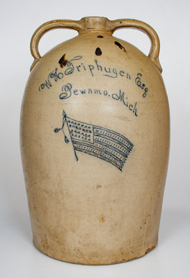 Monumental Patriotic Stoneware Jug w/ Elaborate Incised American Flag and Pewamo, Michigan Advertising