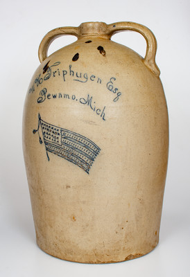 Monumental Patriotic Stoneware Jug w/ Elaborate Incised American Flag and Pewamo, Michigan Advertising
