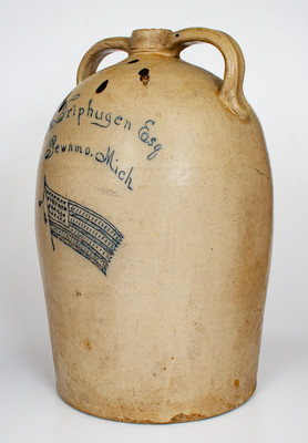 Monumental Stoneware Jug with Elaborate Incised American Flag and Pewamo, Mich. Advertising