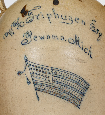 Monumental Patriotic Stoneware Jug w/ Elaborate Incised American Flag and Pewamo, Michigan Advertising