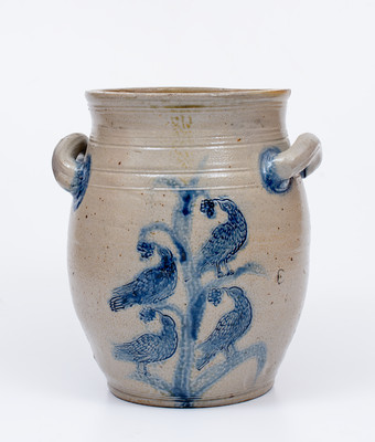 Extremely Rare and Important BOSTON Stoneware Jar w/ Bird-in-Tree Motif, Jonathan Fenton, late 18th century