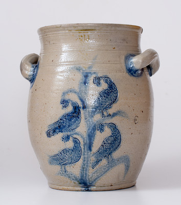 BOSTON (Jonathan Fenton, late 18th century) Stoneware Jar w/ Birds-in-Tree Motif