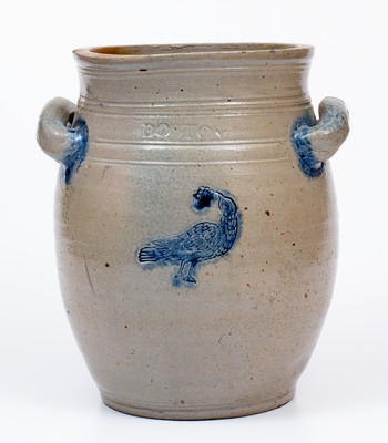 Extremely Rare and Important BOSTON Stoneware Jar w/ Bird-in-Tree Motif, Jonathan Fenton, late 18th century