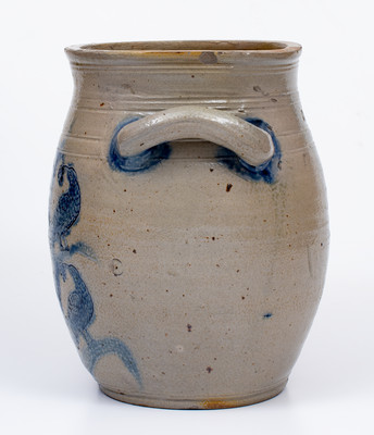 Extremely Rare and Important BOSTON Stoneware Jar w/ Bird-in-Tree Motif, Jonathan Fenton, late 18th century