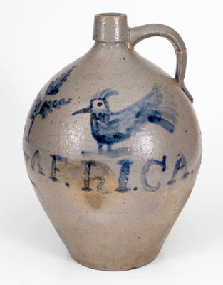 Extremely Rare and Important AFRICA Stoneware Jug w/ Incised Snakes, Man's Bust, and Bird Decoration, Ohio origin