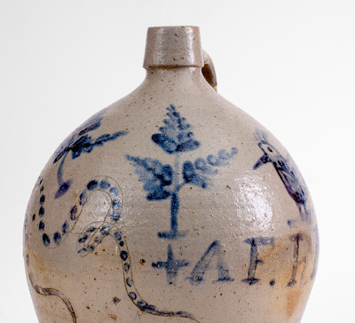 Extremely Rare and Important AFRICA Stoneware Jug w/ Incised Snakes, Man s Bust, and Bird Decoration, Ohio origin