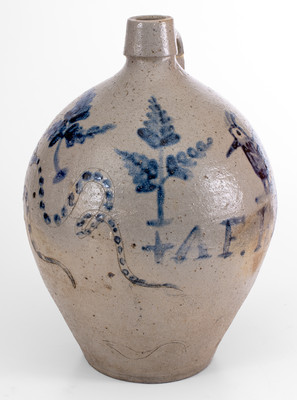 Extremely Rare and Important AFRICA Stoneware Jug w/ Incised Snakes, Man s Bust, and Bird Decoration, Ohio origin