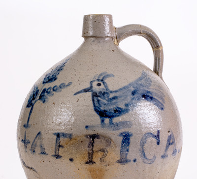 Extremely Rare and Important AFRICA Stoneware Jug w/ Incised Snakes, Man s Bust, and Bird Decoration, Ohio origin