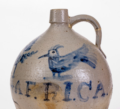 Extremely Rare and Important AFRICA Stoneware Jug w/ Incised Snakes, Man s Bust, and Bird Decoration, Ohio origin