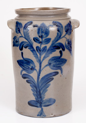Outstanding 2 Gal. Stoneware Jar with Elaborate Sunflower Decoration, Stamped 