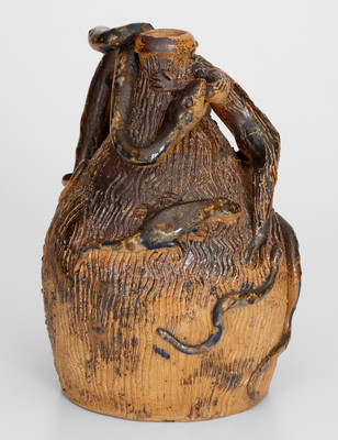Extremely Rare Temperance Jug attrib. Simeon L. Bray, Evansville, Indiana w/ Snake, Lizard, and Monkey Decorations