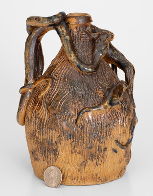 Extremely Rare Temperance Jug attrib. Simeon L. Bray, Evansville, Indiana w/ Snake, Lizard, and Monkey Decorations