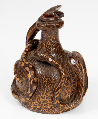 Rare Albany-Slip-Glazed Stoneware Snake Jug, Boonville, Missouri origin, circa 1890