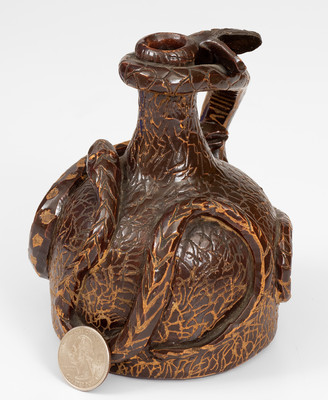 Rare Albany-Slip-Glazed Stoneware Snake Jug, Boonville, Missouri origin, circa 1890