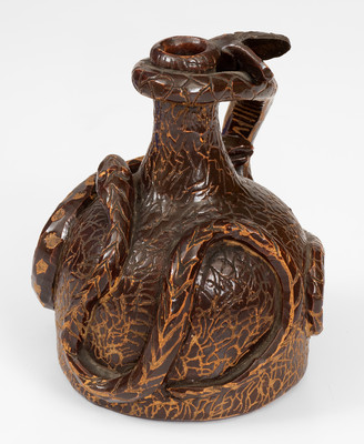 Rare Albany-Slip-Glazed Stoneware Snake Jug, Boonville, Missouri origin, circa 1890