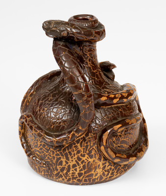 Rare Albany-Slip-Glazed Stoneware Snake Jug, Boonville, Missouri origin, circa 1890