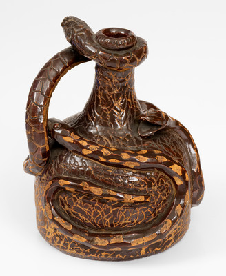 Rare Albany-Slip-Glazed Stoneware Snake Jug, Boonville, Missouri origin, circa 1890