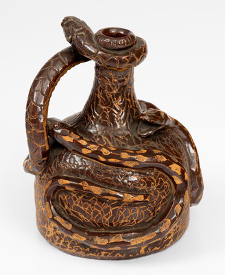 Rare Albany-Slip-Glazed Stoneware Snake Jug, Boonville, MO origin, circa 1890.
