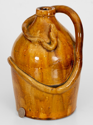 Rare Large-Sized Indiana Stoneware Snake Jug w/ Applied Skull and Crossbones and Turtle