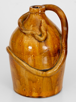 Rare Large-Sized Indiana Stoneware Snake Jug w/ Applied Skull and Crossbones and Turtle